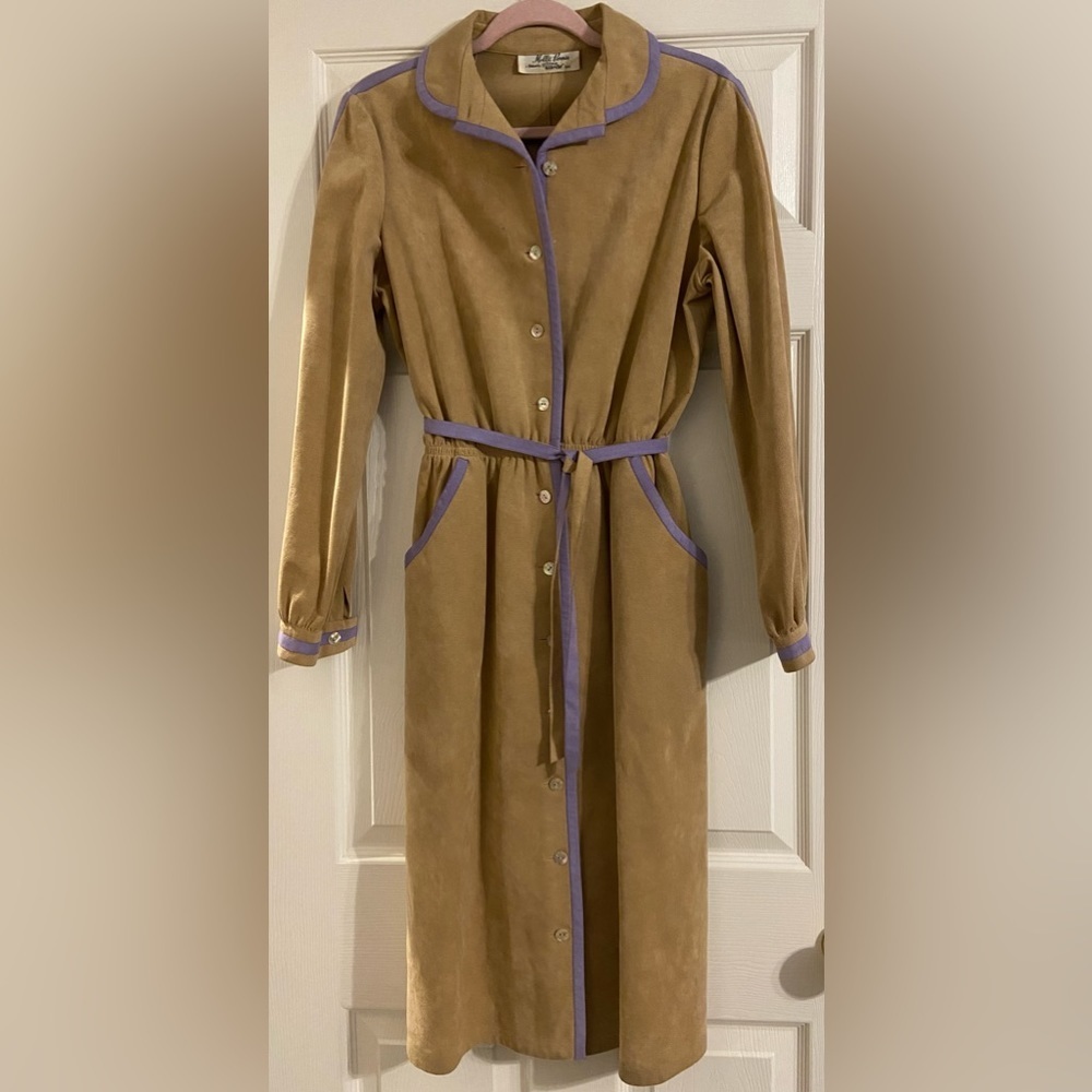 Mollie Parnis Skinny Ultra Suede VTG Tan FALL Dress Pocket Soft Size 14